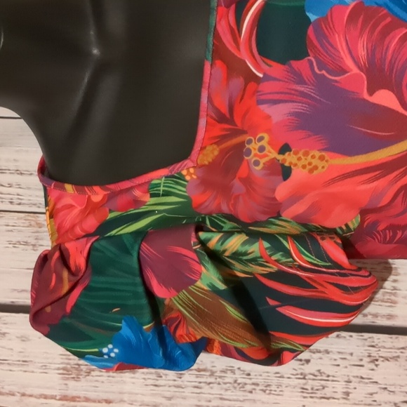 Tropical Beachy Bright Floral Puff Sleeve Crop Top Blouse - Picture 4 of 9